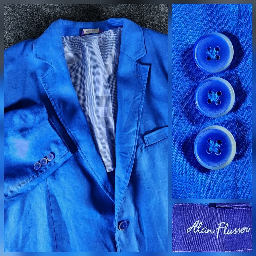 Alan Flusser Mens XXL Cobalt Blue 100% Linen 2 Button Sport Coat Blazer Jacket